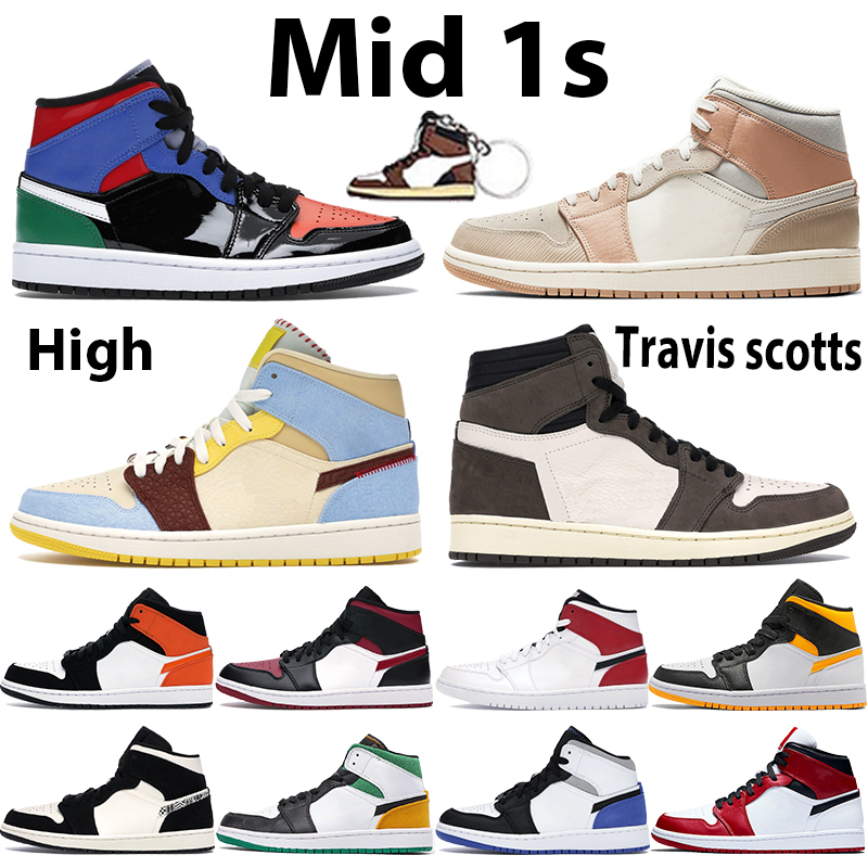 

High 1 1s basketball shoes dark mocha travis scotts mid milan unc bred toe chicago white gym red black royal mens sneakers trainers, Box