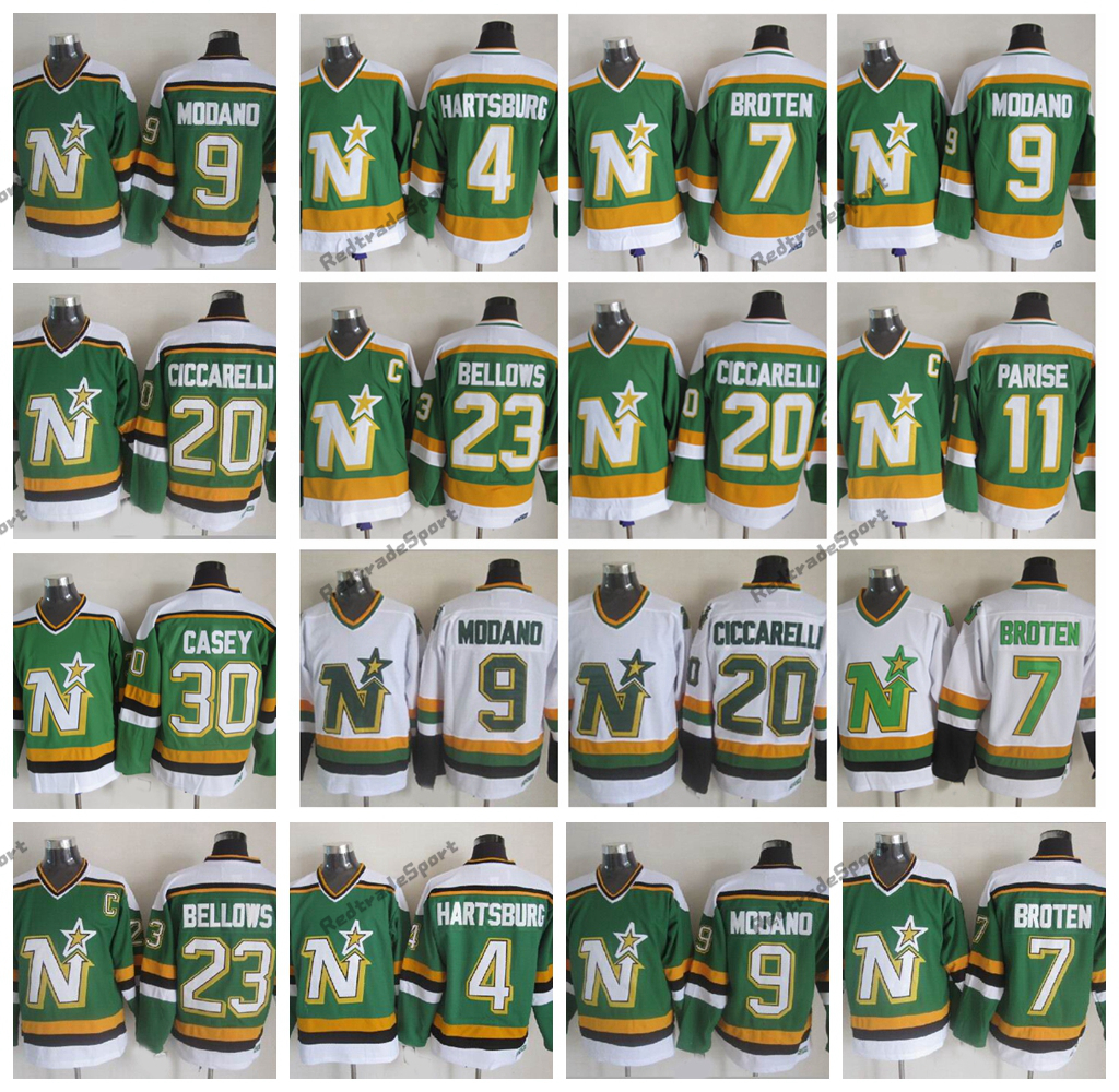 

Vintage Minnesota North Stars Hockey Jerseys 9 Mike Modano 20 Dino Ciccarelli 7 Neal Broten 23 Brian Bellows 4 Craig Hartsburg 30 Jon Casey, Black;red