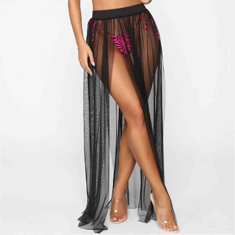 

women beach bikini cover up summer mesh swim skirt wrap sarong cover up dress skirt long sundress high waist split, White;black