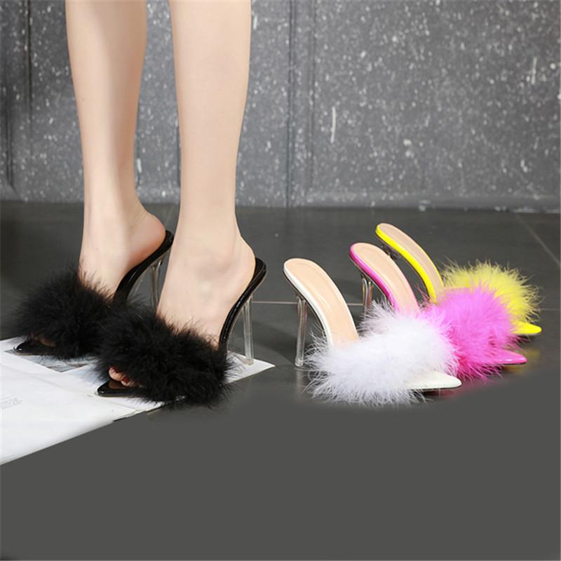 

Summer new sexy feather woman sandals transparent perspex high heels fur stiletto peep toe mules lady slides shoes rose, Red