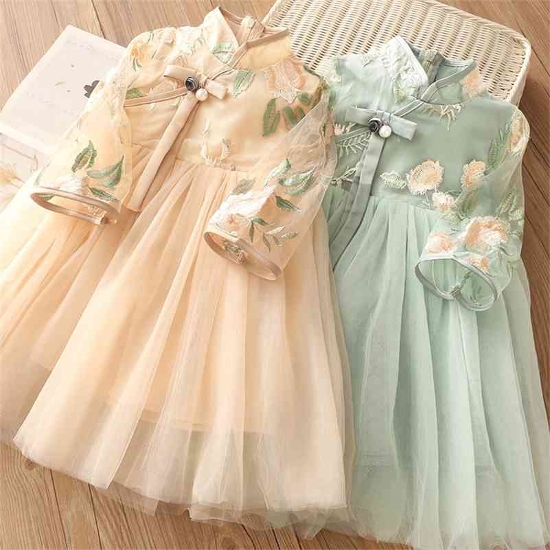 

Spring Autumn 3 4 6 8 10 12 Years Embroidery Traditional Chinese Style Ethnic Tang Mesh Cheongsam Dress For Kids Baby Girls 210701, Sky blue