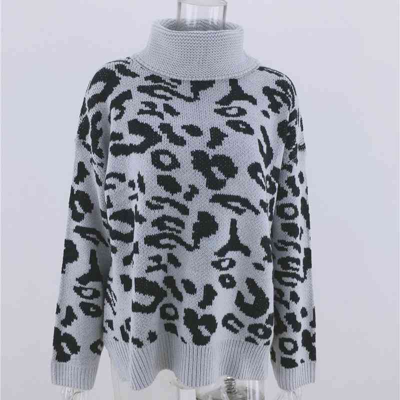 

Plus Size Women Turtleneck Womens Sweaters Casual Pullovers Leopard Long Sleeve Korean Top Winter Knit Oversized Sweater 210603, Gray