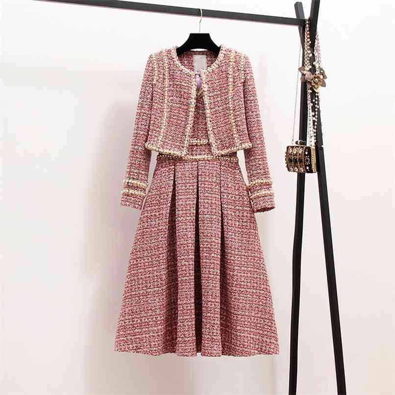 

Luxury Quality Fall Winter Tweed Dress and Jacket 2 Piece Set Women Short Coat + Beading Vest Sets 210602, Pink