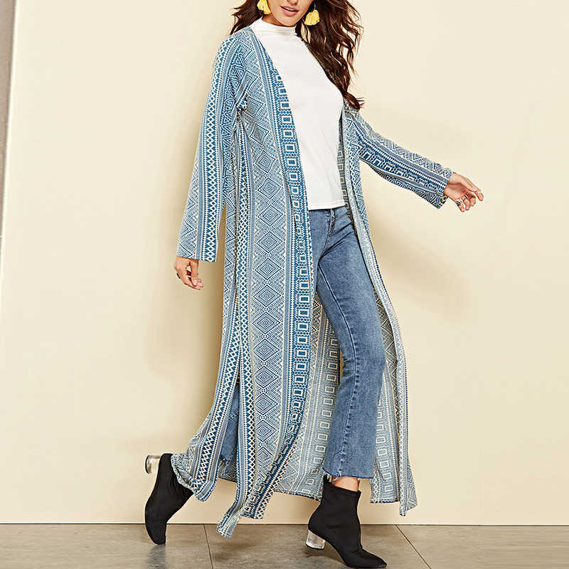 

Geometric Printed X-Long Women Cardigan Loose Long Sleeve Split Thin Coat Outwear W225 210526