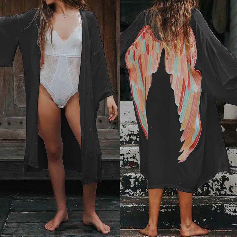 

Women Kimono Cardigan 2021 Summer Celmia Plus Size Tops Back Wings Print Long Shirts Casual Sleeve Blouse Beach Cover Up, White