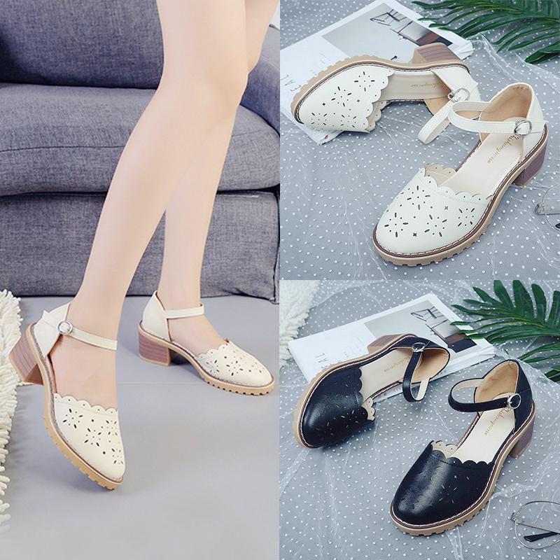 

Block Heels Fashion Womens Shoes 2021 Beige Heeled Sandals Med Buckle Strap All-Match Chunky Luxury Black Girls New Comfort