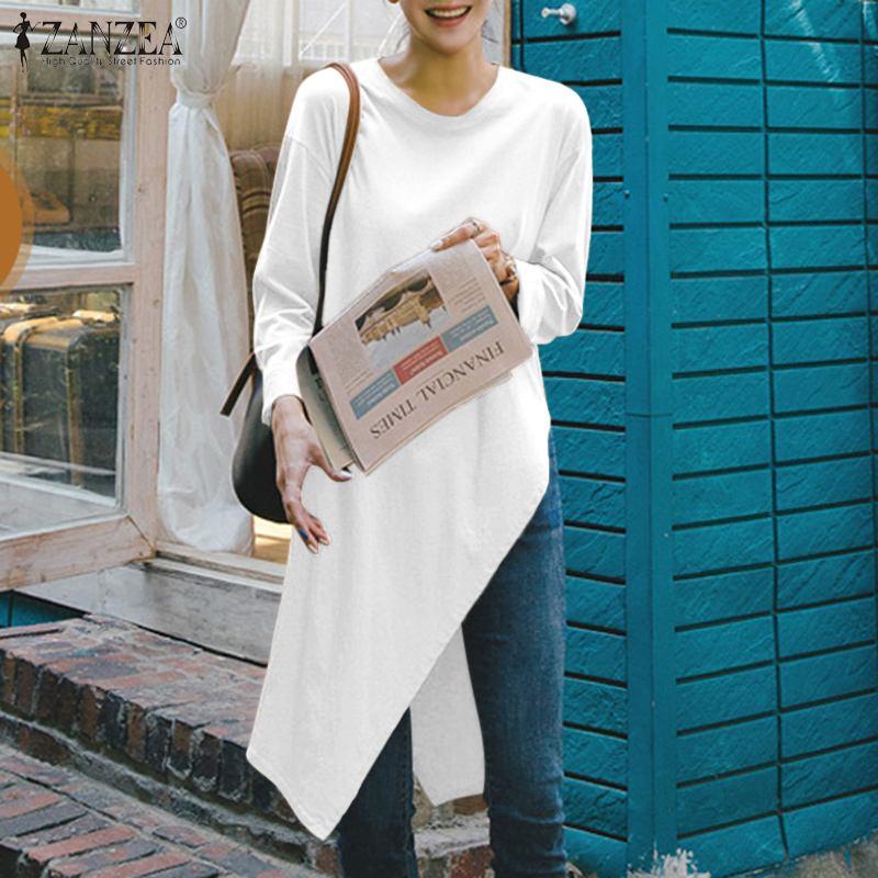 

Women' Blouses & Shirts Fashion Women Asymmetric Hem Shirt Full Sleeve O Neck Blouse ZANZEA Casual Autumn Vintage Solid Long Tops Female Wo, Black