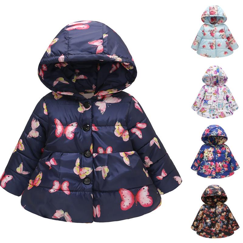 

Down Coat Children's Padded Jacket Winter Baby Girls Hooded Fashion Printed Cotton-padded Buttons Cute, Blue;gray