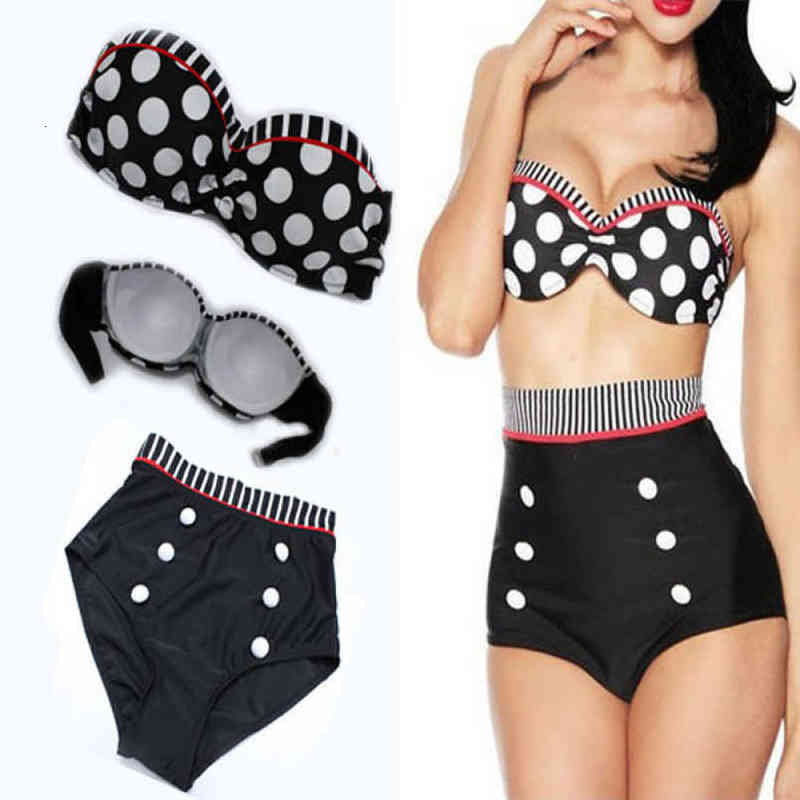Women Dots High Waist Bikini Sets Pinup Rockabilly Vintage Sexy Swimsuit Swimwear Push Up Bathing Suit-image-558769101