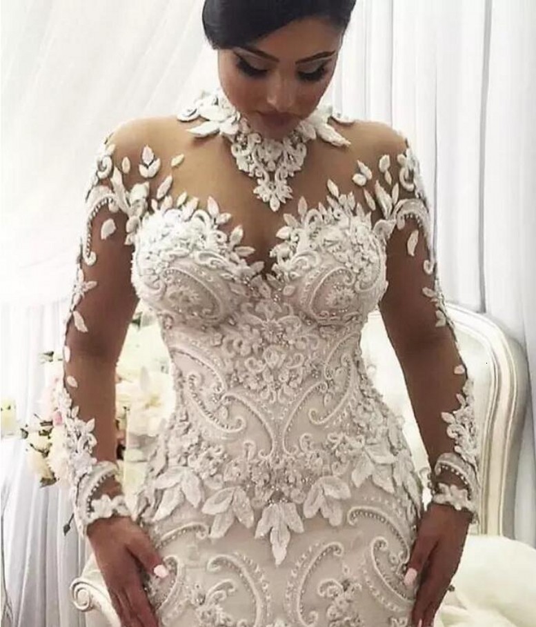 

2021 New Mermaid Es Nigeria High Neck Full Back Dubai Arabic Castle Bridal Gowns Plus Size Long Sleeve Wedding Qy1t, Ivory