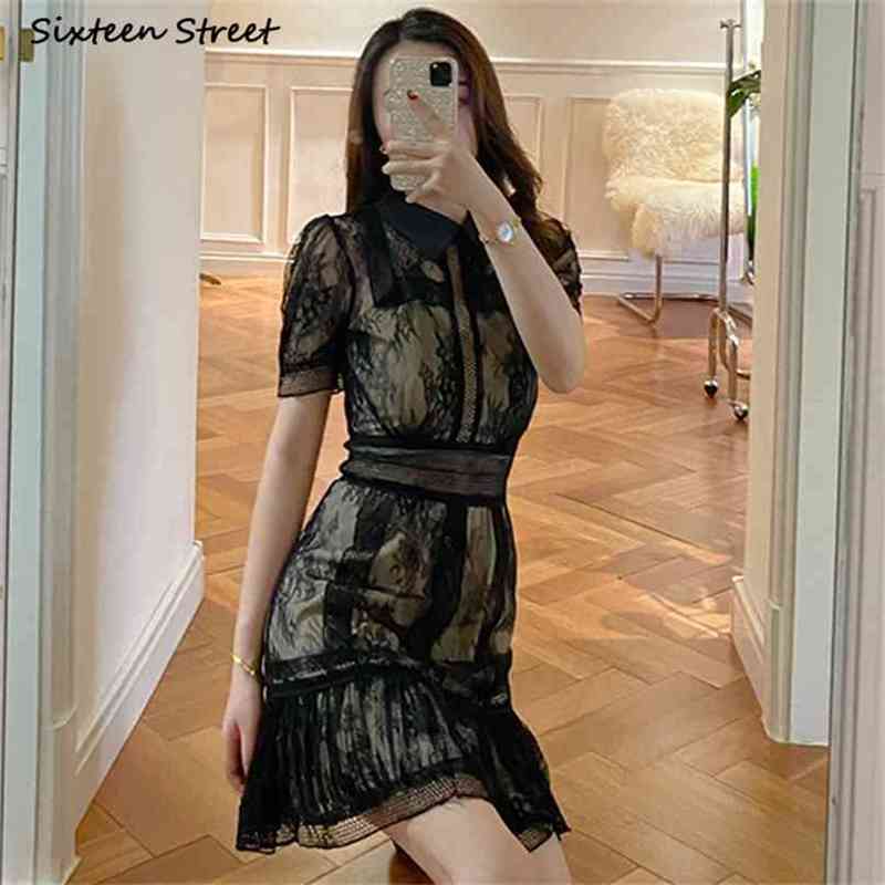 

Vintage Black Dress Woman Summer Turn-down Collar Lace Patch Vestido Clothing Short Sleeve High Waisted Dresses Female 210603, Clear