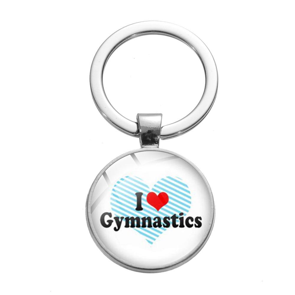 

i Love Gymnastics Alloy Keychain Dancer Silhouette Women Art Photo Glass Cabochon Key Chain Bag Charms for Sports Lovers