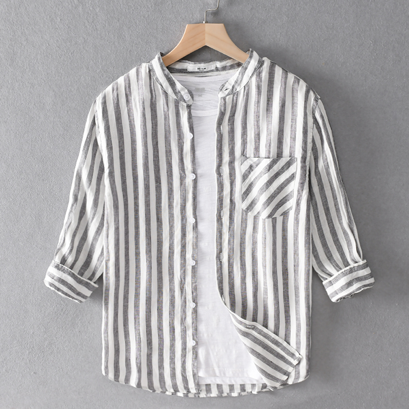 

2021 New 100% Linho Respirvel Vero Masculina Marca Listra Camisas Para Homem Casual Gola Camisa Dos Homens De Trs Quartos Manga Chemise Sez4, Coffee stripe