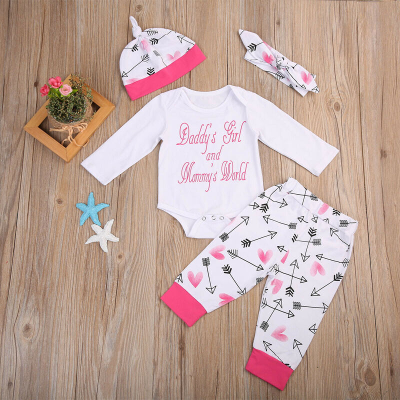 

Autumn Lovely Baby Mommys World Long Romper+Pants Girl Long Sleeve Romper Baby Girls Bodysuit Kids 4PCs Outfits Set, White