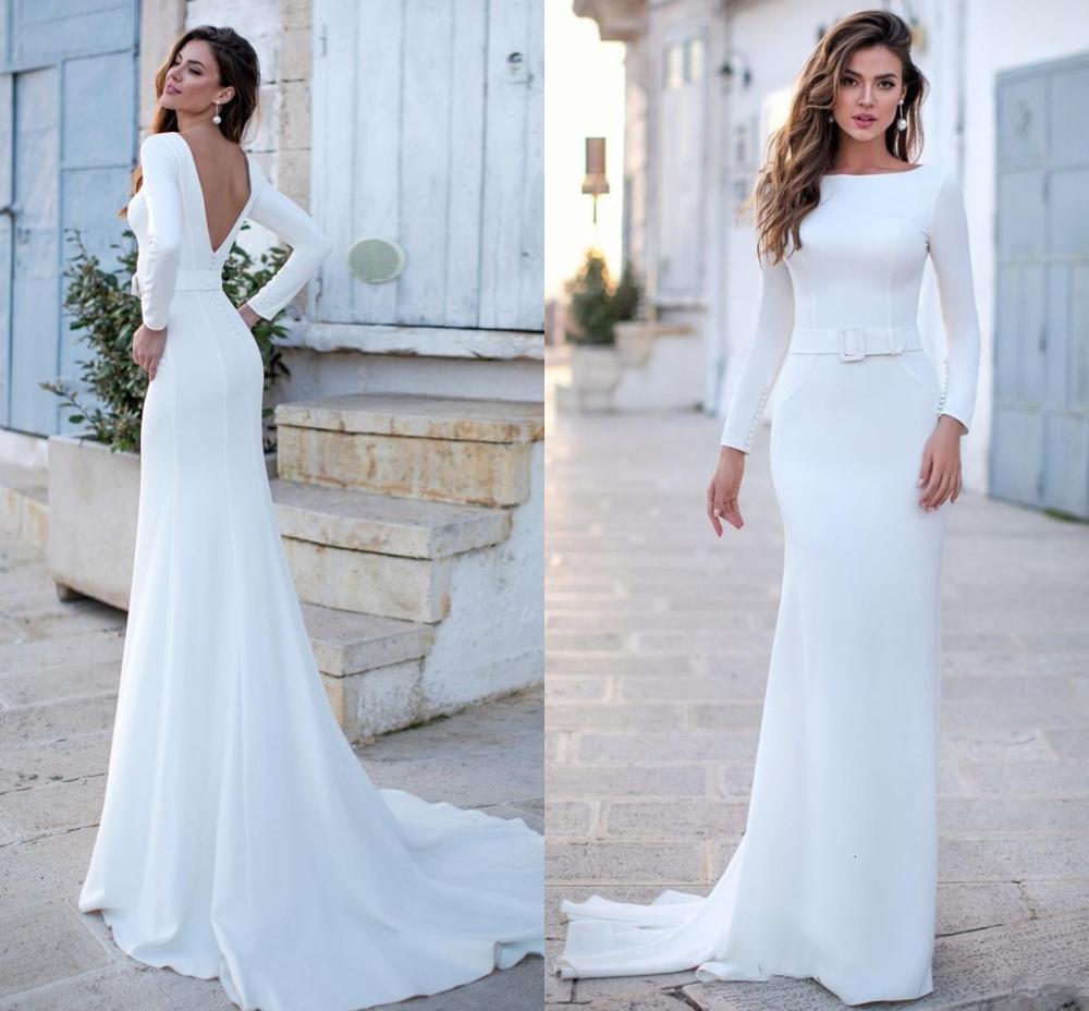 

New Bateau Wedding Es 2021 Long Sleeves Sweep Train Satin Backless Bride Gowns Hot Sale Vestidos De Mariee Czyw, Ivory