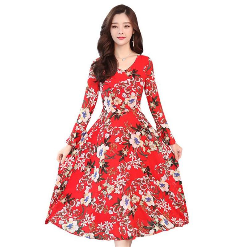 

Casual Dresses Spring And Summer Women's Chiffon Floral Large Size Dress Long-sleeved V-neck Elegant Waist Sexy Long Vestidos E351, As picture