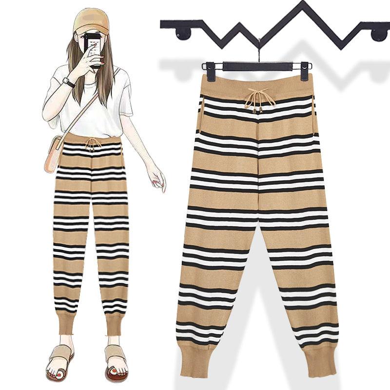 

Women' Pants & Capris 2021 Autumn Contrast Color Drawstring Lace-up Striped Knitted Loose Casual Trousers Nine-point Harem Pant, Black
