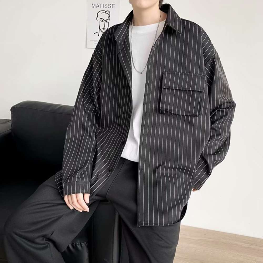 

Striped shirt men's Korean casual top net red ruffian spring and autumn coat trend handsome lining clothes, White;black