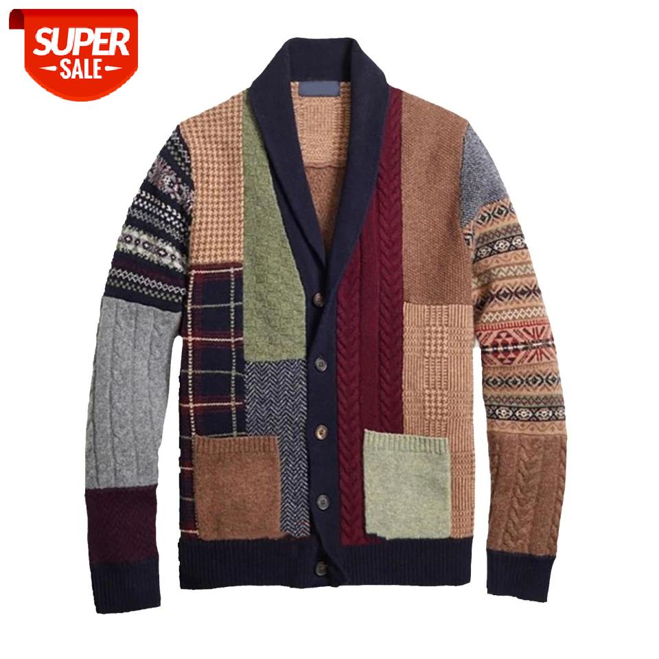 

2020 Men Fashion Patchwork Knitted Outwear Coat Sweater Autumn Winter Long Sleeve Buttons Cardigan Ethnic Patchwork Coat Sweater #eZ51, White;black