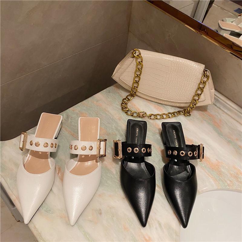 

Slippers 2021 Spring Rivet Women Slipper Fashion Pointed Toe Slip On Mules Shoes Low Heel Ladies Outdoor Slides, Black