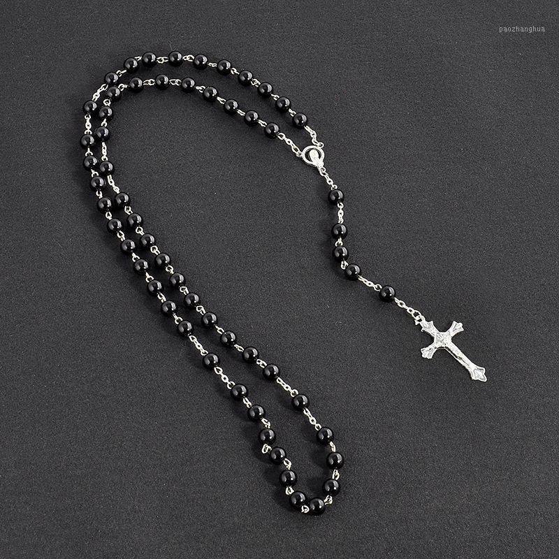 

Chains Imitation Pearl Cross Necklace Handmade Round Glass Bead Catholic Rosary Religious Christian Jewelry, Silver