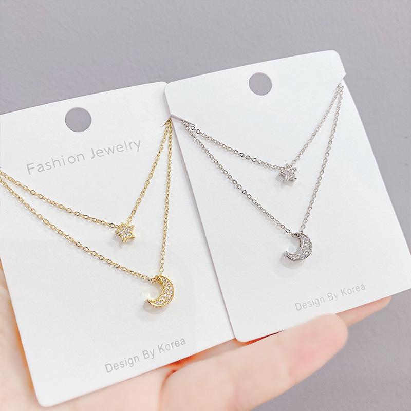 

Pendant Necklaces Korean Star Moon Necklace Women's Exquisite Pentagram Simple All-Match Clavicle Chain Anti-Allergy Jewelry