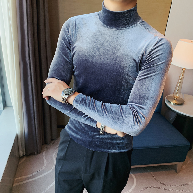 

2021 Autumn New Fine Solid Veet Turtleneck Shirts for Men's Clothing All Games Long Casual Sleeve t Streetwear Homme Gbww, Gray blue