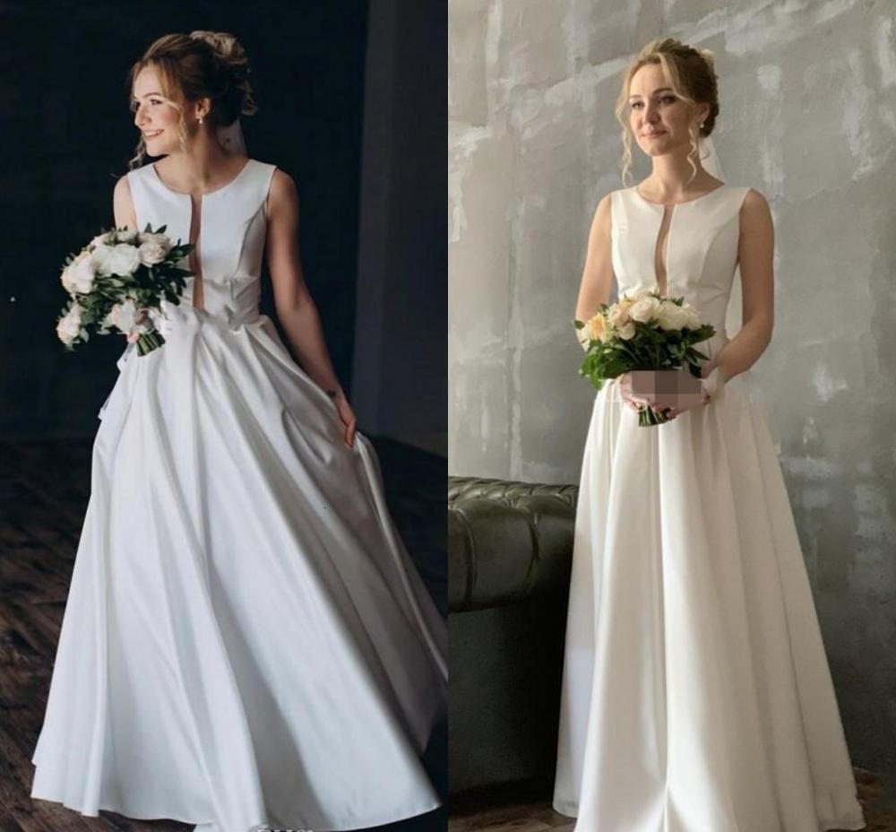 

2021 New Country Garden Stain Wedding Es Jewel Sleeveless Open Back Sweep Train Modest Simple a Line Bridal Gowns Vestido De Noiva Y7kr, White