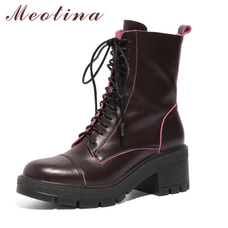 

Meotina Ankle Boots Women Shoes Genuine Leather High Heel Motorcycle Boots Lace Up Zip Thick Heels Short Boots Lady Autumn Brown 210608, Black synthetic lin