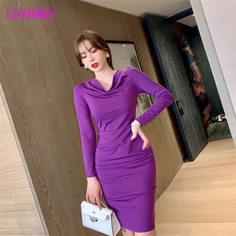

spring dress temperament purple pile collar slim bag buttocks with base Sheath Office Lady 210603