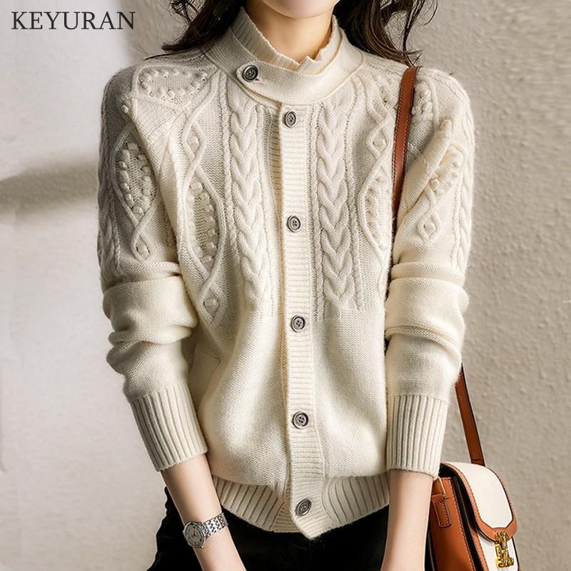

Women's Knits & Tees Cashmere Cardigan Jacket Solid Color Casual High-Neck Women Korean Long-sleeved Large Size Loose Knitted Sweater Coat, Brown