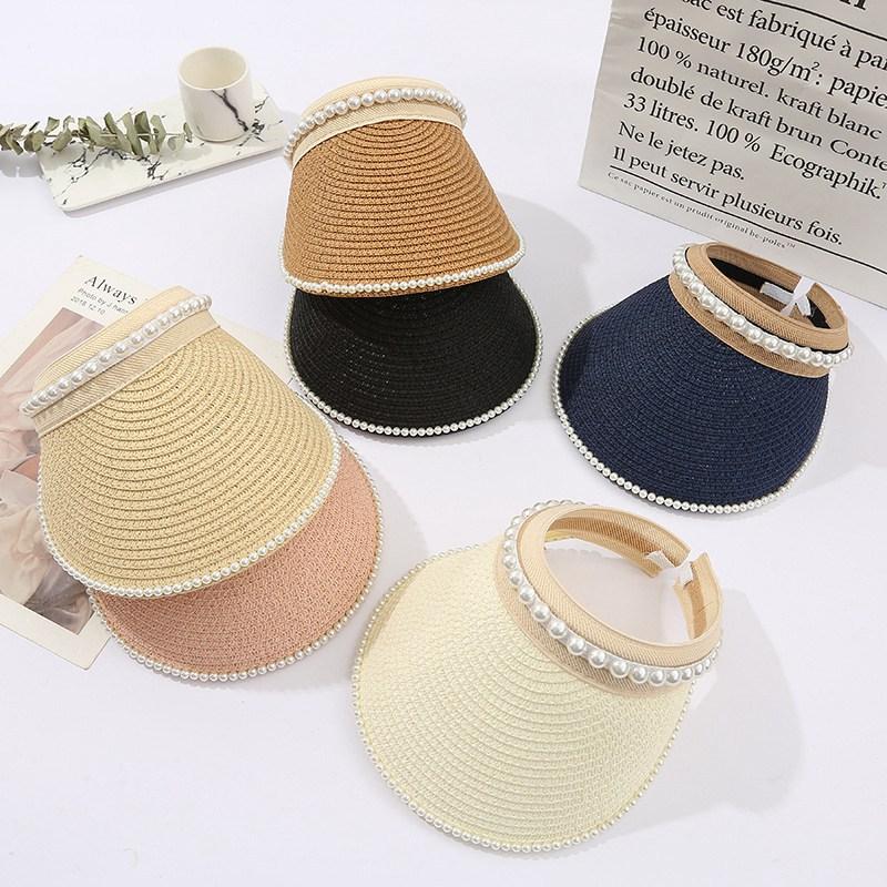 

Wide Brim Hats Pearl Sun Protection Korean Version Women Summer Empty Top Hat Fashion Shading Visor Beach Cap, Blue;gray