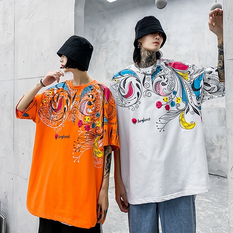 

t shirt guochao couple 2021 hip hop personality ethnic pattern printed men's short sleeve tee, White;black