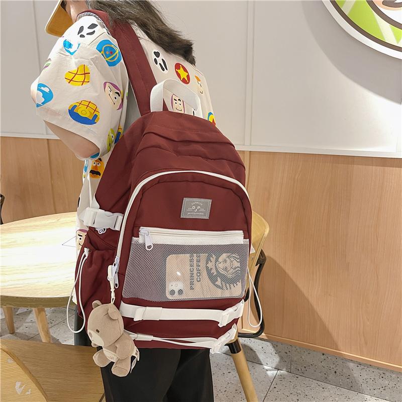

School Bags Fashion Laptop Book Backpack College Cute Stripe Female Women Luxury Net Nylon For Teenage Girls Solid Color, Beige