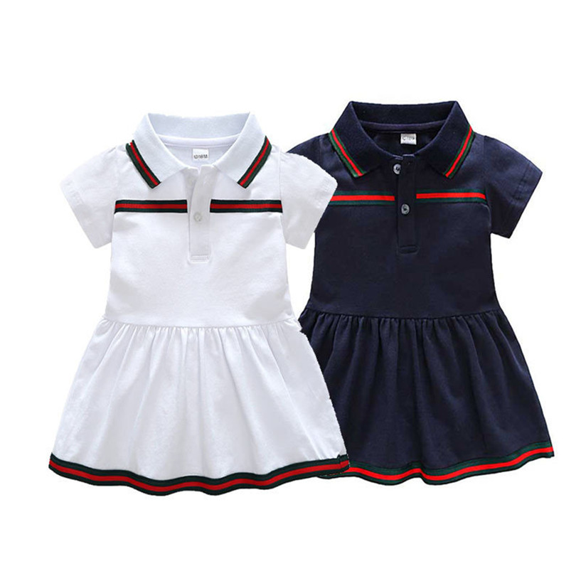 

Baby Girls Striped Dresses Kids Short Sleeve Dress Children Solid Summer Clothes Girl Embroidery Dress For 6M-24M, Navy blue