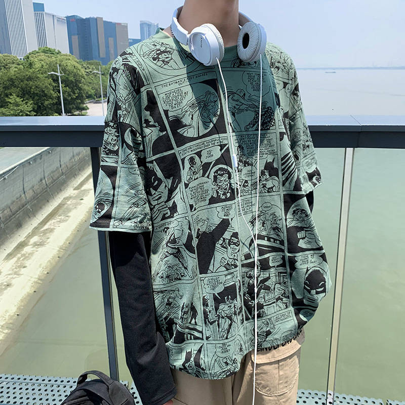 

2021 New Desenhos Animados T-shirt Dos De Hip Hop Outono Primavera Tops Tee Retalhos Legal Do Punk Manga Longa t Shirt Homens Casual Japo Vm