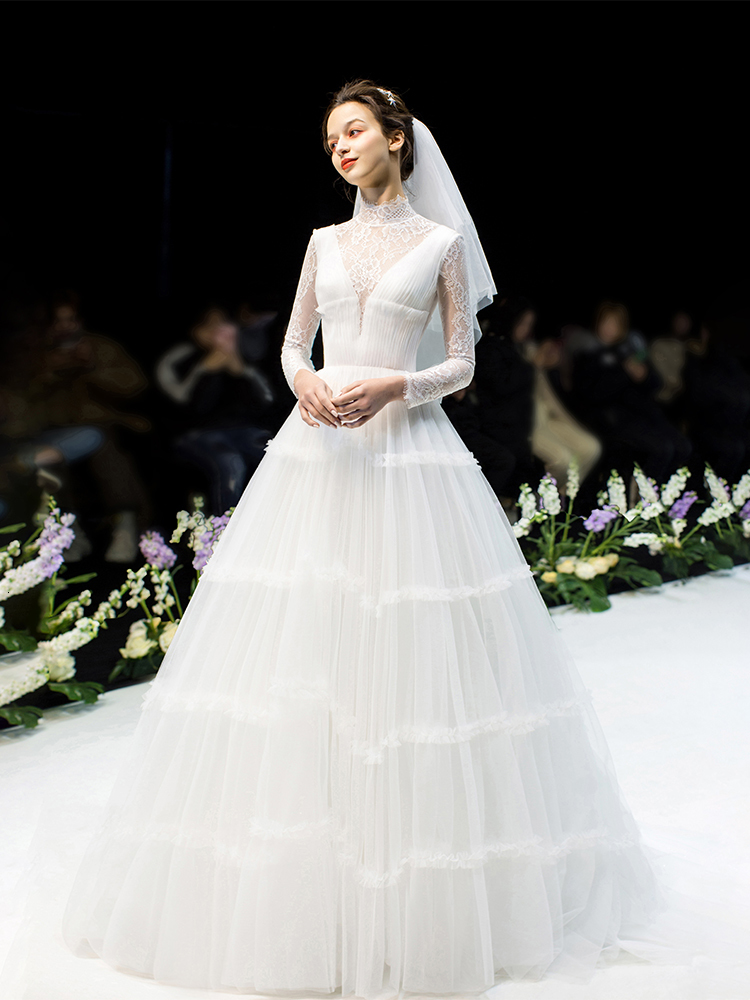 

2021 New High Neck Long Sleeve Wedding Es Sexy Illusion Lace Vintage Bridal Gown Robe De Mariee S3lb, Multicolor