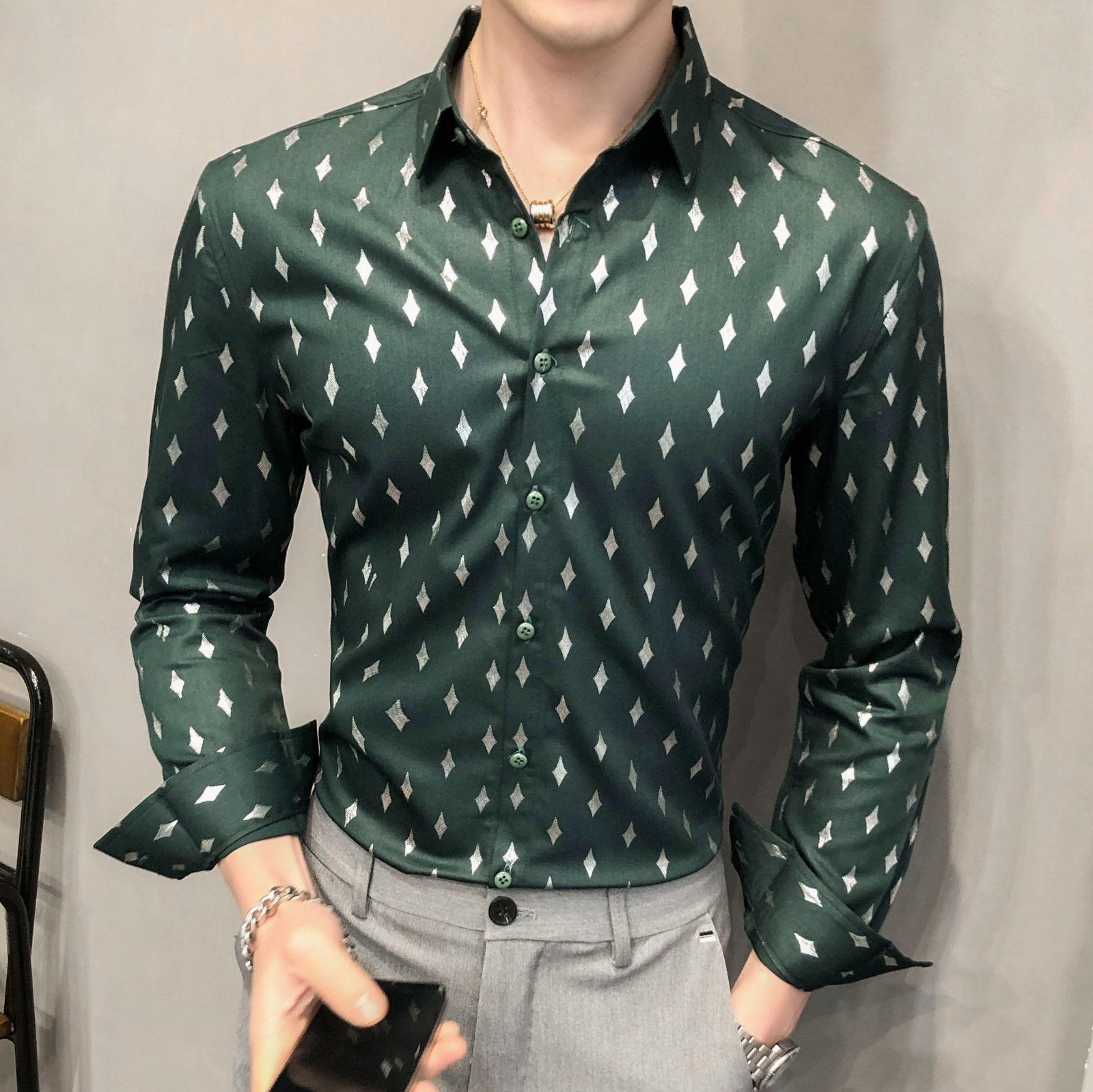 

New 2021 Spring Green Hot Sier Long Sleeve Camisa Social Masculina Luxury Night Club Party Shirt Men F06q