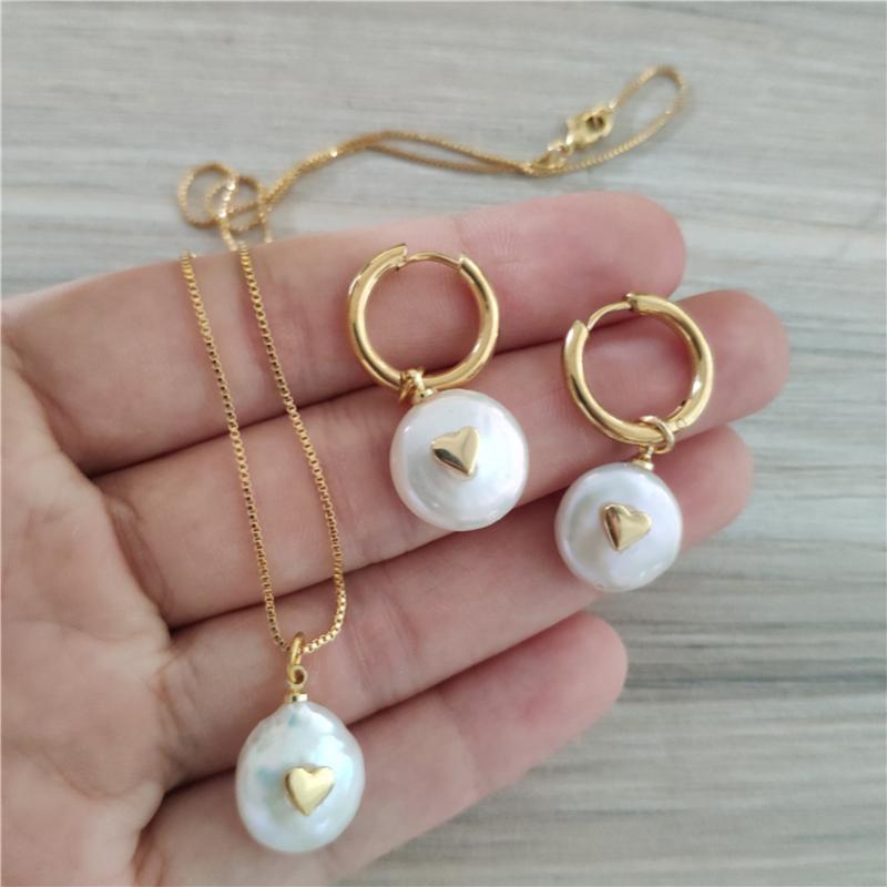 

Earrings & Necklace Chic Tiny Gold Heart Charm Freshwater Pearl Bead Dainty Thin Link Hoop Button Stud Earring Choker Jewelry Set For Woman, Silver