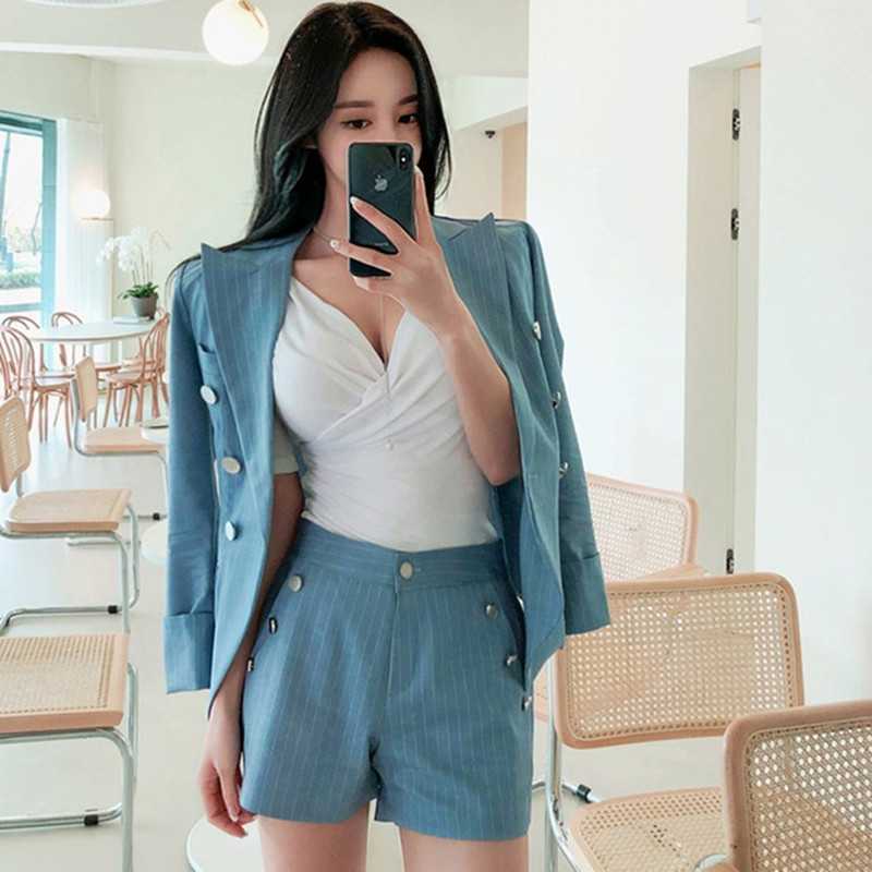 

Korean Style Striped Women Short Suits 2 Pieces Set Sashes Blazer Jacket+Front Buttons Shorts Summer Female Pants Suit 210525, Picture color