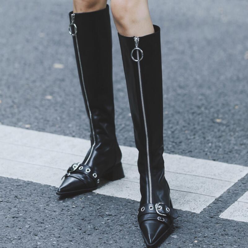 

Boots Front Zipper Winter Women Knee High Knight Botas Mujer Female Shoes Chunky Bota Feminina Pointy Botines 2021 Zapatos, Black
