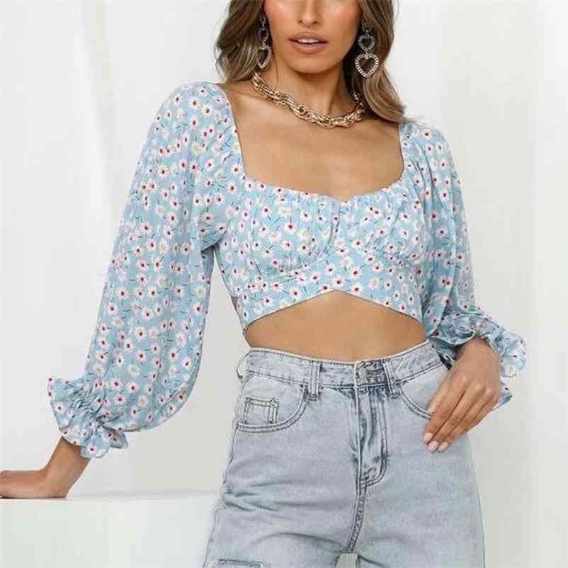 

Paris Girl Floral Print Cropped Blouse Women Ruffles Long Sleeve Back Bow Tie Shirt Ladies Sexy Off Shoulder Crop Tops Blusas 210524, Light blue