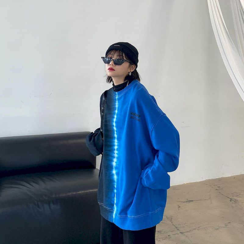 

Contrast Color Sweatshirt Spring Autumn Bf American Top Oversize Loose Tie-dye Hit Round Neck Terry Hoodies 210526, Blue tie dye