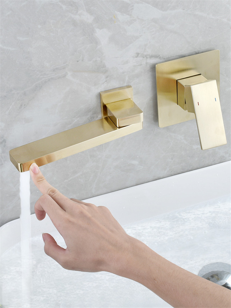 

2021 New Wall Mounted Brushed Gold Rotating Bathroom Sink Faucet In-wall Black Basin Mixer Tap Set 9gwr