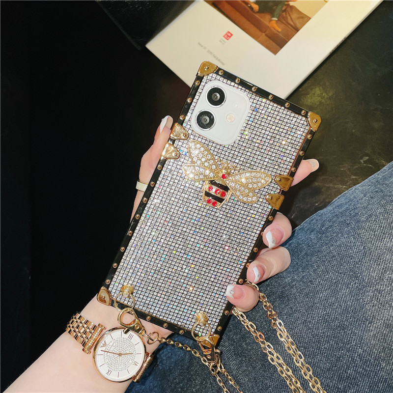 

designer Shiny rhinestone bee phone cases for iPhone 13 12 mini 11 Pro Max XS XR X 8 7 plus Samsung S21 S20 Note 20 luxury Square case Back cover shell with lanyard, Black