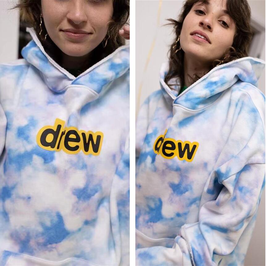 

High street Mens Womens Tie dye Hoodies Drew House Smile Printings Long Sleeve Sweatshirts Style Winter Blue sky and white clouds balloon pr, Black