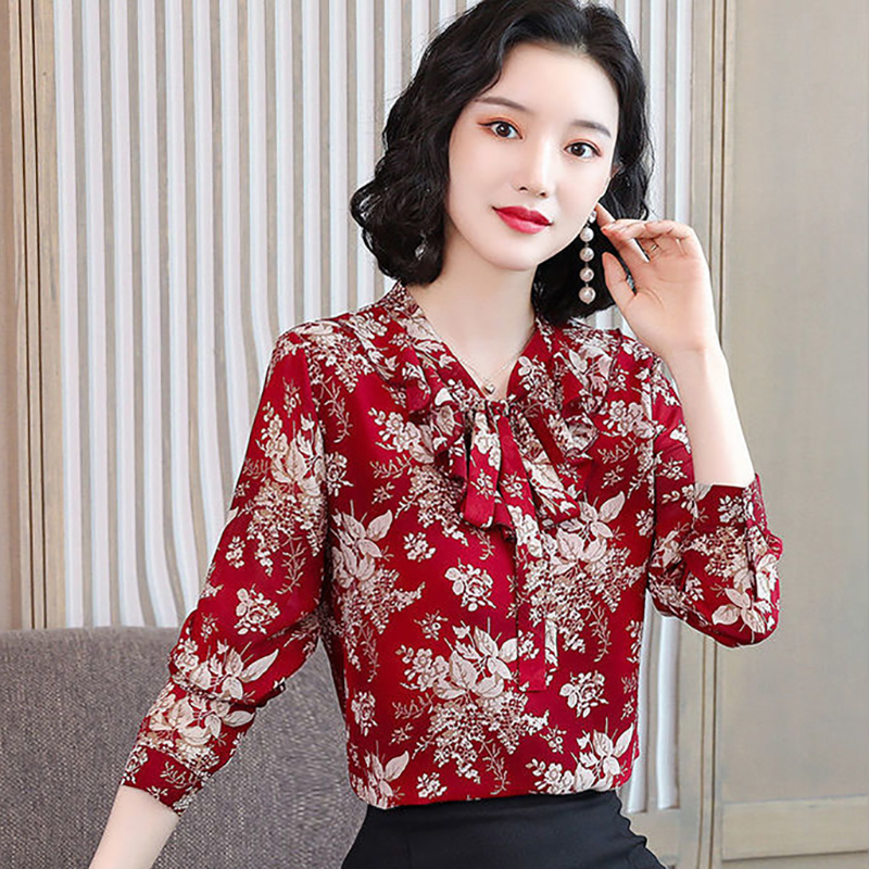Women Spring Summer Style Chiffon Blouses Shirts Lady Casual Long Sleeve Bow Tie Collar Printed Blusas Tops DF3805 210225Z