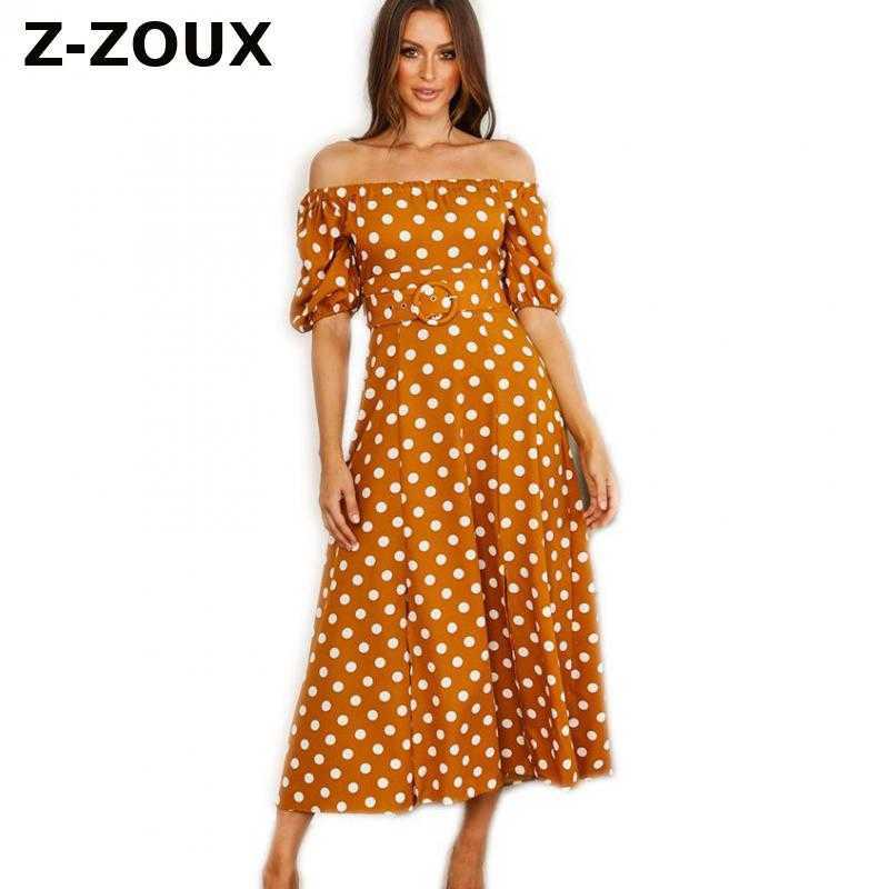 

Women Dress Slash Neck Puff Sleeve Dot Off Shoulder Plus Size Short SleeveVintage Sexy Long es 210524, Coffee