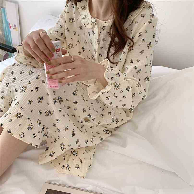 

Sleepwear Spring Dress Foloral Sweet Loose Women Chic Comfortable Korean Cotton Fashion Pajamas Nightdress 210525, Photo color