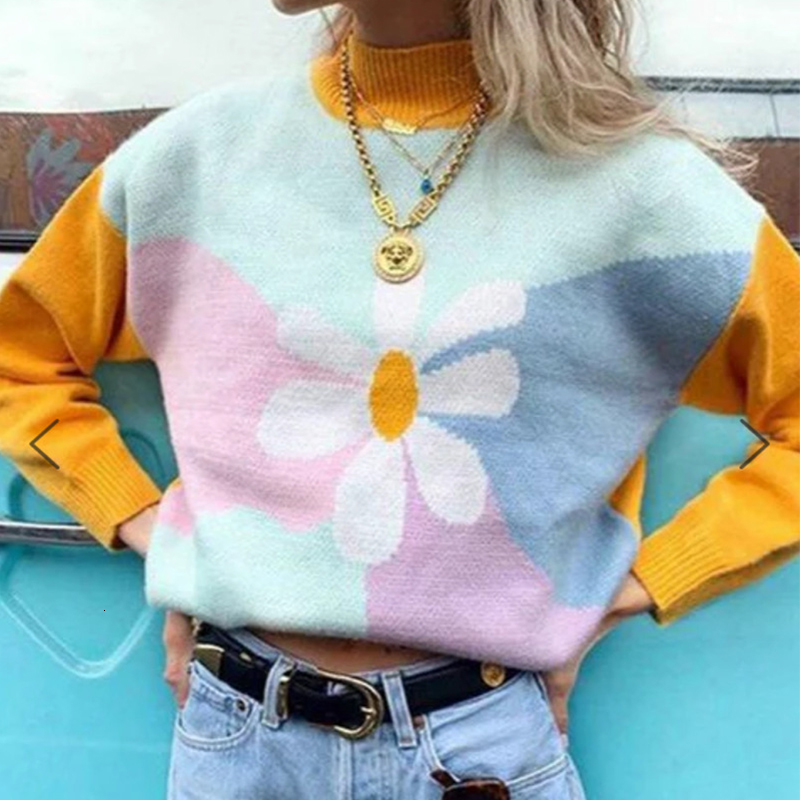 

2021 Lovely Yellow Blue Blocks Suower Turtleneck Woman Sweaters Loose Warm Winter Tops Pullovers Design Fashion Plus Size 1lnc